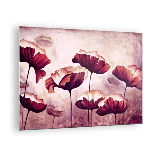Tablou pe sticlă - Maci roșii și albi pe un cer luminos - 70x50cm - Fulgi roșii și albi - Decorațiune modernă pentru perete pentru living și dormitor ARTTOR