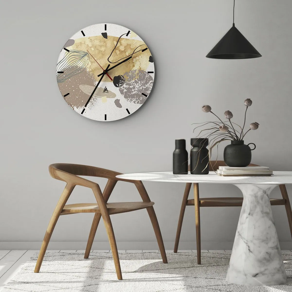 Ceas de perete - Ceas pe sticlă - Abstracție artistică în tonuri de bej și maro - 30x30cm - Fluiditatea aplicată - Decorațiune modernă pentru perete pentru living, bucătărie și dormitor ARTTOR