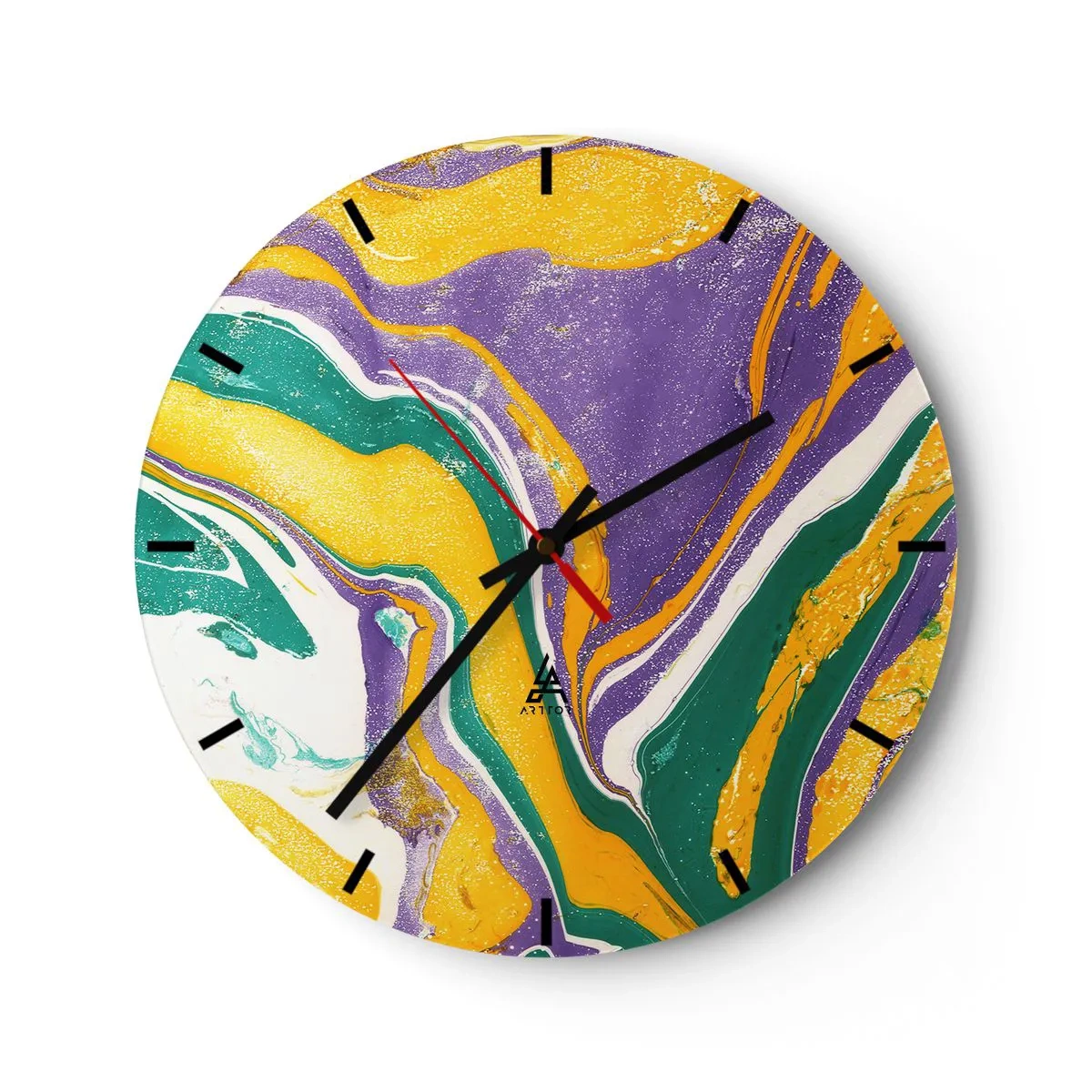 Ceas de perete - Ceas pe sticlă - Modele abstracte în nuanțe de violet, galben și verde - 30x30cm - Valuri de culoare - Decorațiune modernă pentru perete pentru living, bucătărie și dormitor ARTTOR