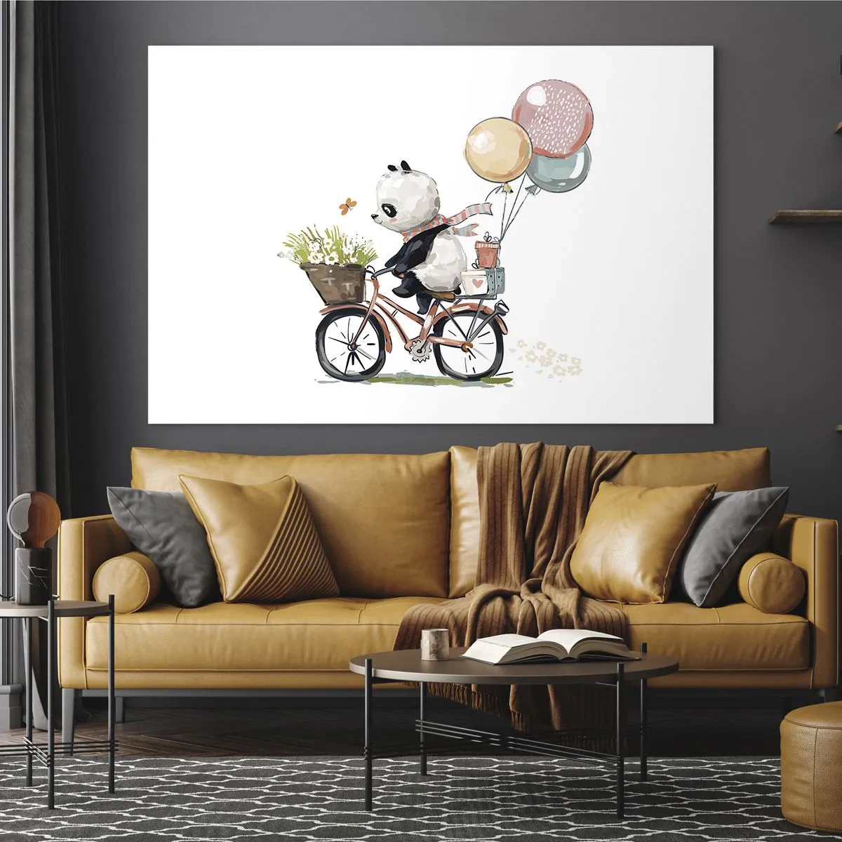 Tablou pe sticlă - Un panda care merge pe bicicletă cu baloane și un coș cu flori. - 70x50cm - O zi fericită - Decorațiune modernă pentru perete pentru living și dormitor ARTTOR