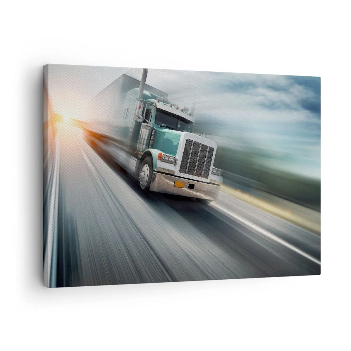 Tablou pe pânză Canvas - Un camion pe autostradă în mișcare la apus - 70x50cm - Gigant american în mișcare - Decorațiune modernă pentru perete pentru living și dormitor ARTTOR