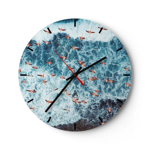 Ceas de perete - Ceas pe sticlă - Un stol de flamingo peste valurile mării văzute din perspectiva unei păsări - 30x30cm - Parada de la malul mării - Decorațiune modernă pentru perete pentru living, bucătărie și dormitor ARTTOR