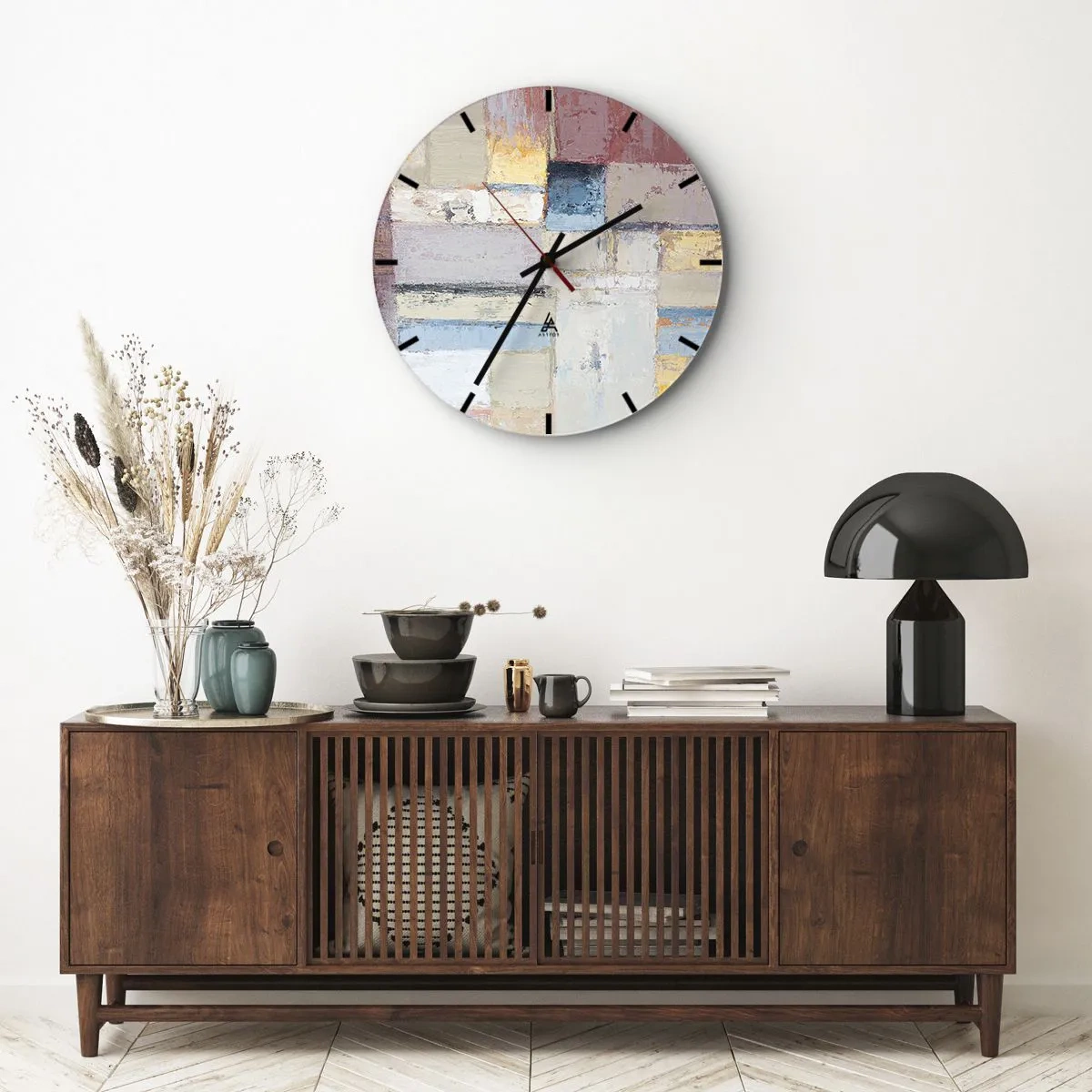 Ceas de perete - Ceas pe sticlă - Compoziție geometrică abstractă în culori pastelate - 30x30cm - Liniștea geometriei - Decorațiune modernă pentru perete pentru living, bucătărie și dormitor ARTTOR