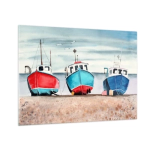 Tablou pe sticlă - Trei bărci de pescuit colorate pe malul mării - 70x50cm - Gata pentru pescuit - Decorațiune modernă pentru perete pentru living și dormitor ARTTOR