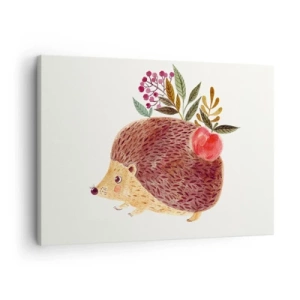 Tablou pe pânză Canvas - Un arici drăguț cu un măr și plante într-un stil ilustrativ - 70x50cm - Și tu deja mă placi - Decorațiune modernă pentru perete pentru living și dormitor ARTTOR
