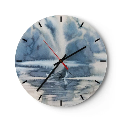 Ceas de perete - Ceas pe sticlă - Scenă de pescuit pe un lac liniștit, înconjurat de copaci învăluiți în ceață - 30x30cm - Pescarii în paradisul lor - Decorațiune modernă pentru perete pentru living, bucătărie și dormitor ARTTOR