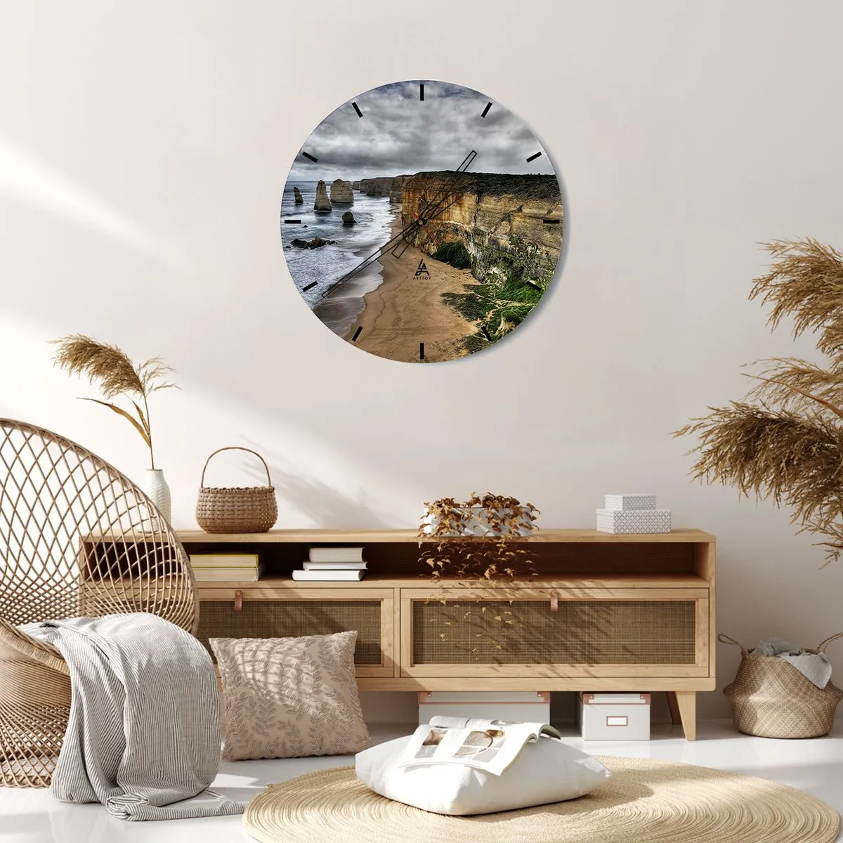 Ceas de perete - Ceas pe sticlă - Coastă cu stânci și plajă - 30x30cm - Frumusețe brută - Decorațiune modernă pentru perete pentru living, bucătărie și dormitor ARTTOR