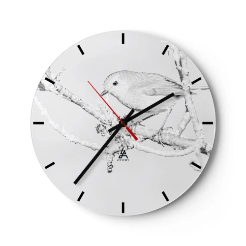Ceas de perete - Ceas pe sticlă - O pasăre pe o creangă înzăpezită într-un stil monocrom schițat. - 30x30cm - Dimineață de iarnă - Decorațiune modernă pentru perete pentru living, bucătărie și dormitor ARTTOR