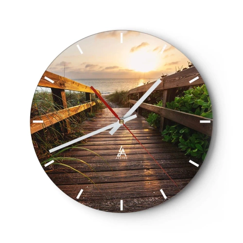 Ceas de perete - Ceas pe sticlă - Debarcader din lemn care duce la plajă la apus - 30x30cm - Și direct la țărm - Decorațiune modernă pentru perete pentru living, bucătărie și dormitor ARTTOR