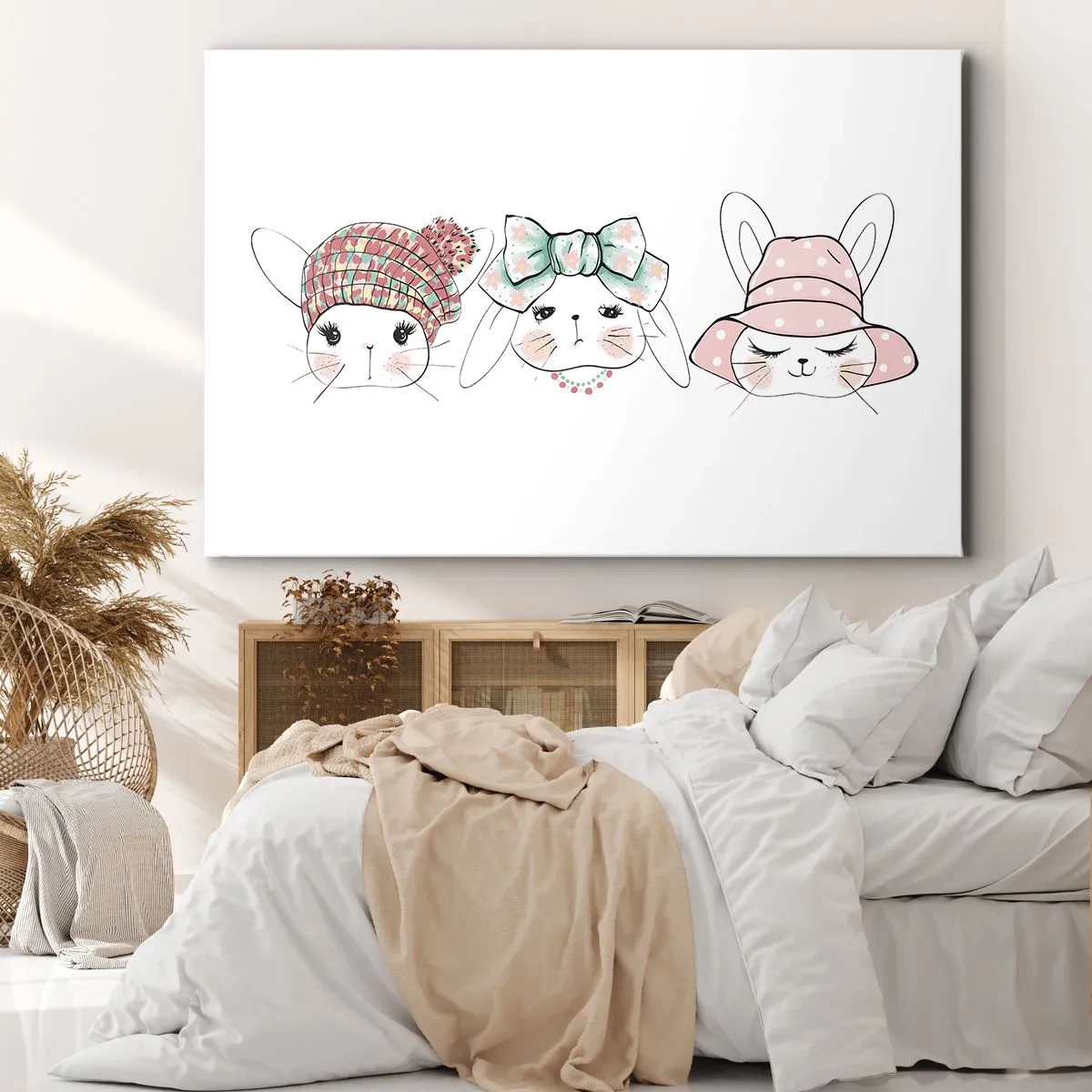 Tablou pe pânză Canvas - Iepurași adorabili în pălării pastelate - 70x50cm - Gânditoare, tristă, mulțumită - Decorațiune modernă pentru perete pentru living și dormitor ARTTOR