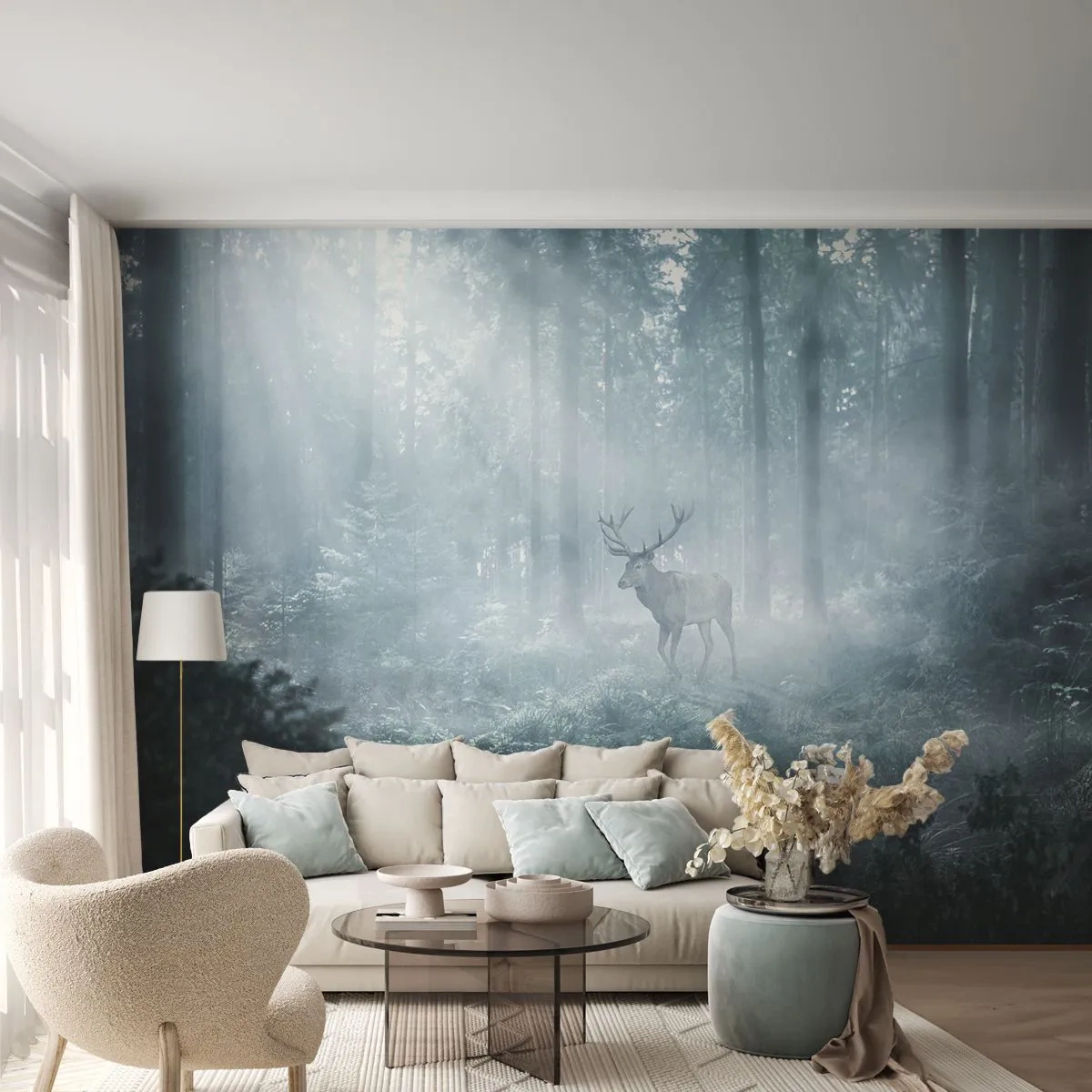 Tapet Premium Sand - Plimbarea de dimineață prin regat - Peisaj, pădure, Cerb - 350x256 cm