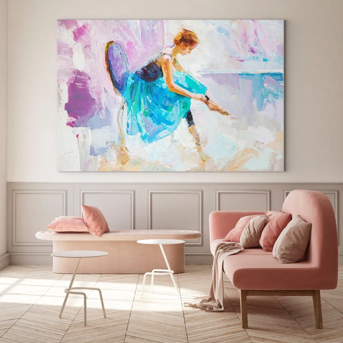 Tablou pe sticlă - O balerină într-o rochie albastră pe un fundal impresionist - 70x50cm - Grație inefabilă, farmec subtil - Decorațiune modernă pentru perete pentru living și dormitor ARTTOR