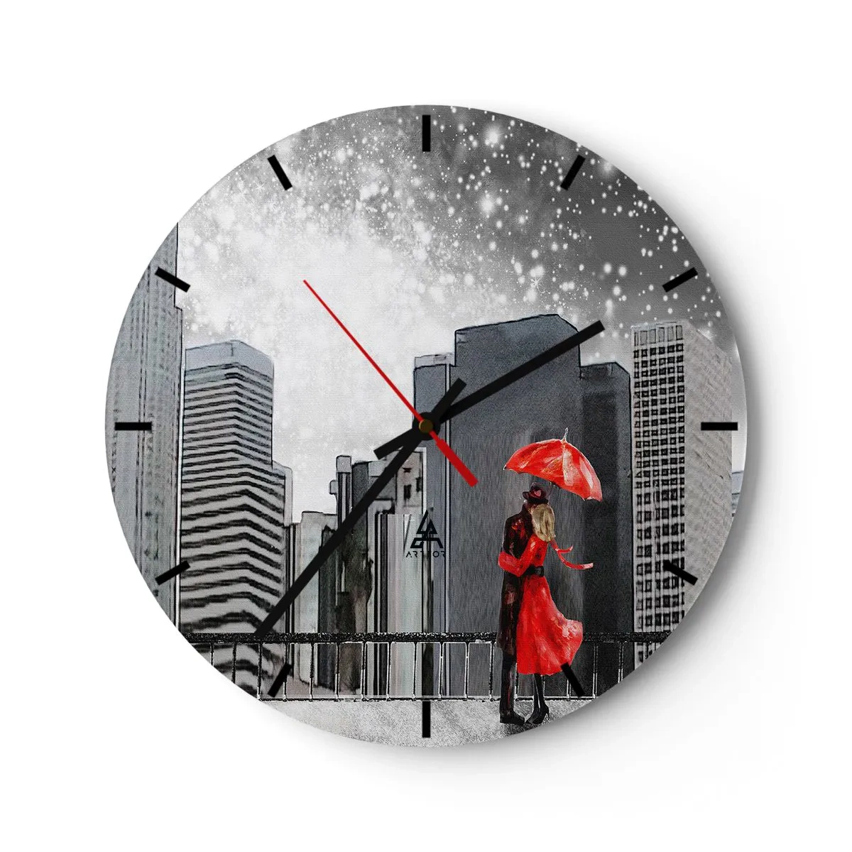 Ceas de perete - Ceas pe sticlă - Un cuplu sub o umbrelă roșie, cu orașul în fundal - 30x30cm - Un om, nu o piatră - Decorațiune modernă pentru perete pentru living, bucătărie și dormitor ARTTOR