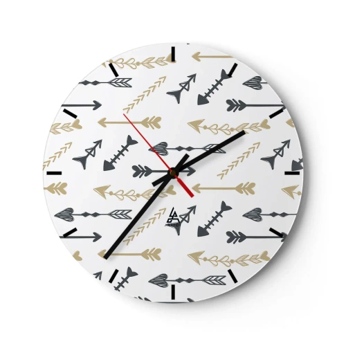 Ceas de perete - Ceas pe sticlă - Model decorativ cu diverse săgeți pe fundal alb - 30x30cm - Visul arcașului - Decorațiune modernă pentru perete pentru living, bucătărie și dormitor ARTTOR