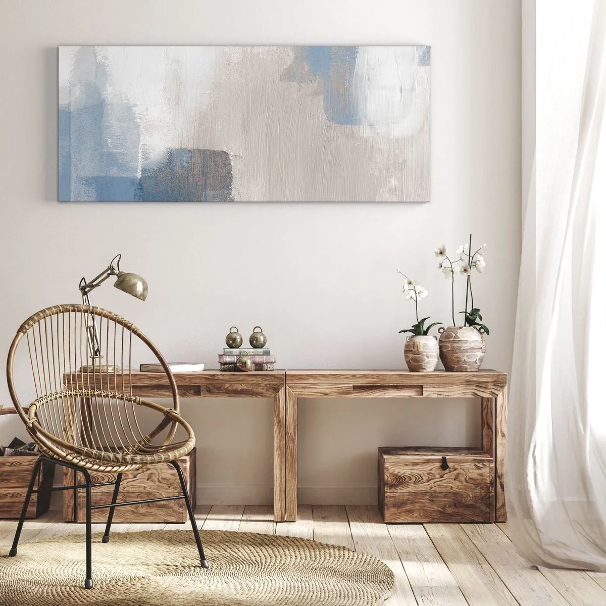 Tablou pe pânză - Abstracție roz în spatele unui voal de albastru - 90x30 cm