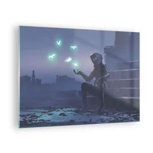 Tablou pe sticlă - O figură în întuneric înconjurată de păsări verzi plutitoare - 70x50cm - Viața se va întoarce - Decorațiune modernă pentru perete pentru living și dormitor ARTTOR