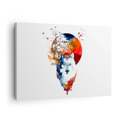 Tablou pe pânză Canvas - Pictură abstractă în acuarelă a unui lup pe fundalul unei luni roșii - 70x50cm - Bot în bot cu noaptea - Decorațiune modernă pentru perete pentru living și dormitor ARTTOR