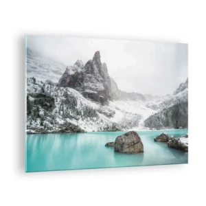 Tablou pe sticlă - Peisaj de iarnă cu un lac turcoaz - 70x50cm - De veghe - Decorațiune modernă pentru perete pentru living și dormitor ARTTOR