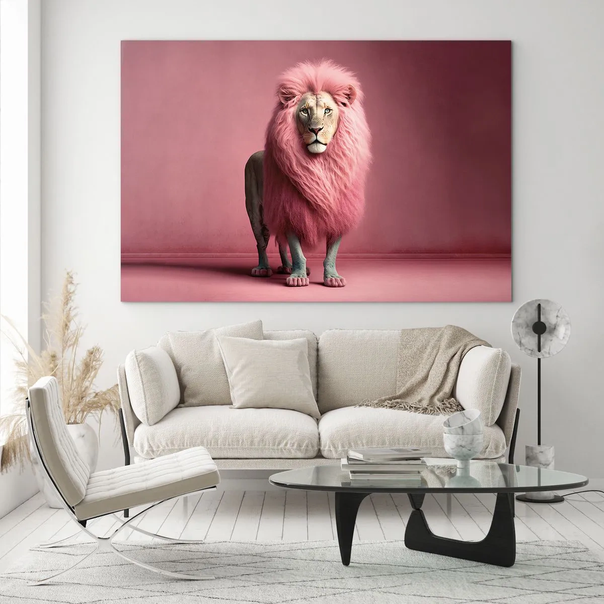 Tablou pe sticlă - Un leu cu coamă roz pe un perete pastelat - 70x50cm - Și nu-ți mai este frică - Decorațiune modernă pentru perete pentru living și dormitor ARTTOR