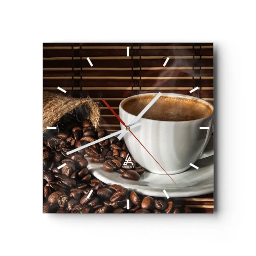 Ceas de perete - Ceas pe sticlă - Negru de cărbune, transparență de chihlimbar - 40x40 cm