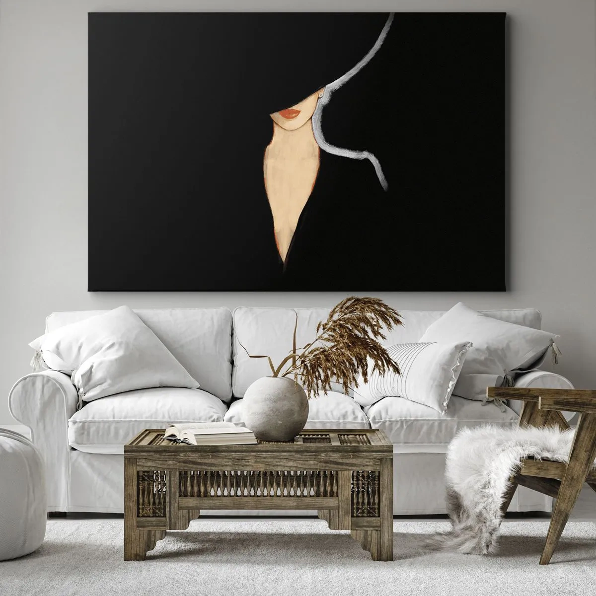 Tablou pe pânză Canvas - Silueta unei femei cu pălărie pe fundal negru - 70x50cm - Eleganță și stil - Decorațiune modernă pentru perete pentru living și dormitor ARTTOR
