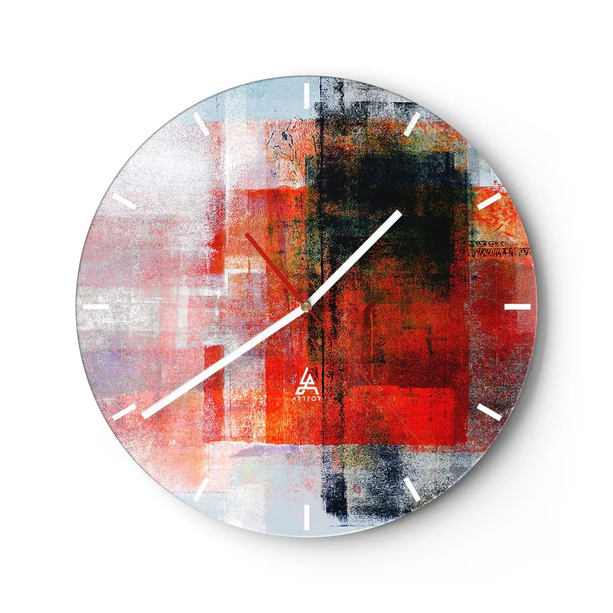 Ceas de perete - Ceas pe sticlă - Forme geometrice abstracte în nuanțe de roșu - 30x30cm - Compoziție înfocată - Decorațiune modernă pentru perete pentru living, bucătărie și dormitor ARTTOR