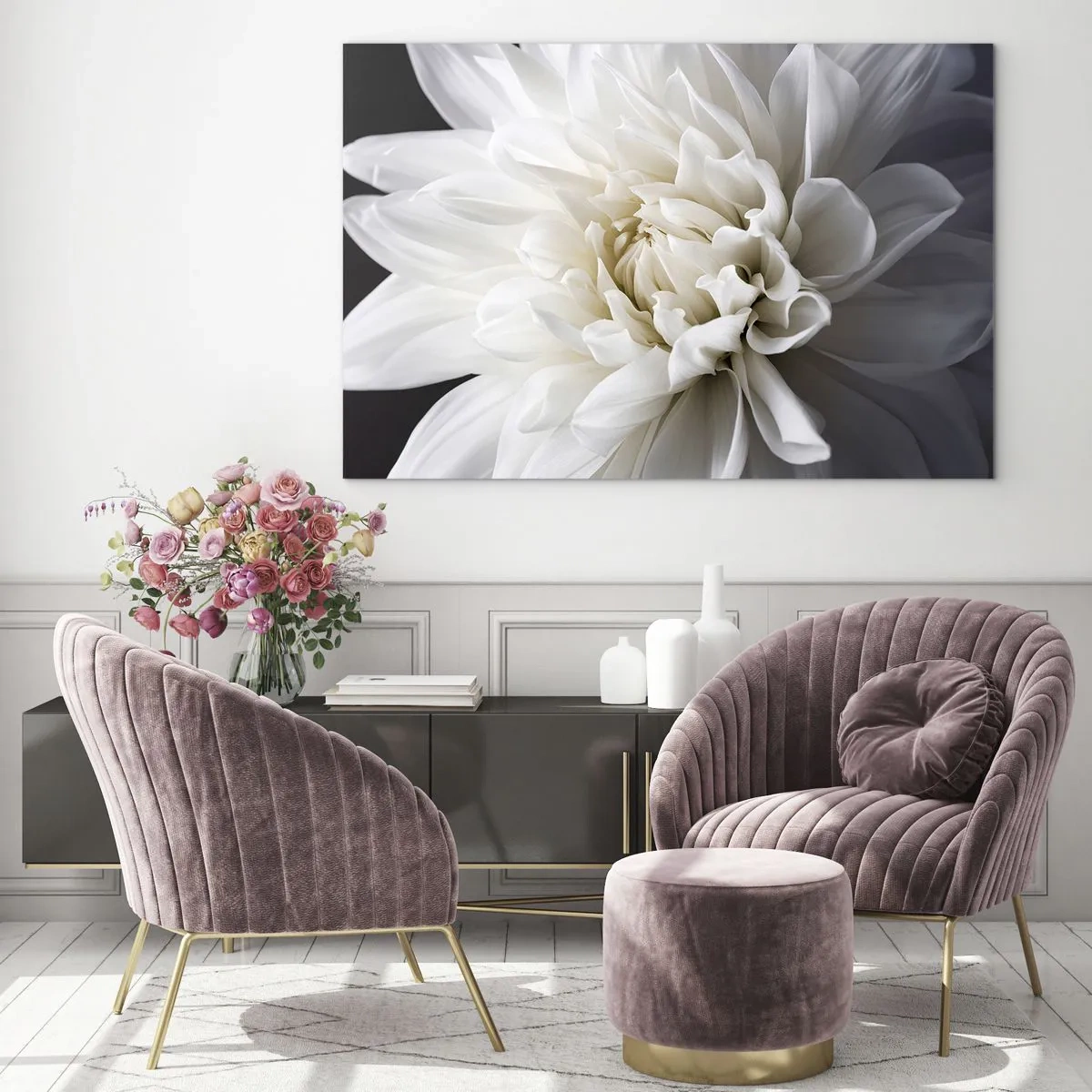 Tablou pe sticlă - Un prim-plan al unei dalii albe pe un fundal negru și gri - 70x50cm - Dimineața miresei - Decorațiune modernă pentru perete pentru living și dormitor ARTTOR