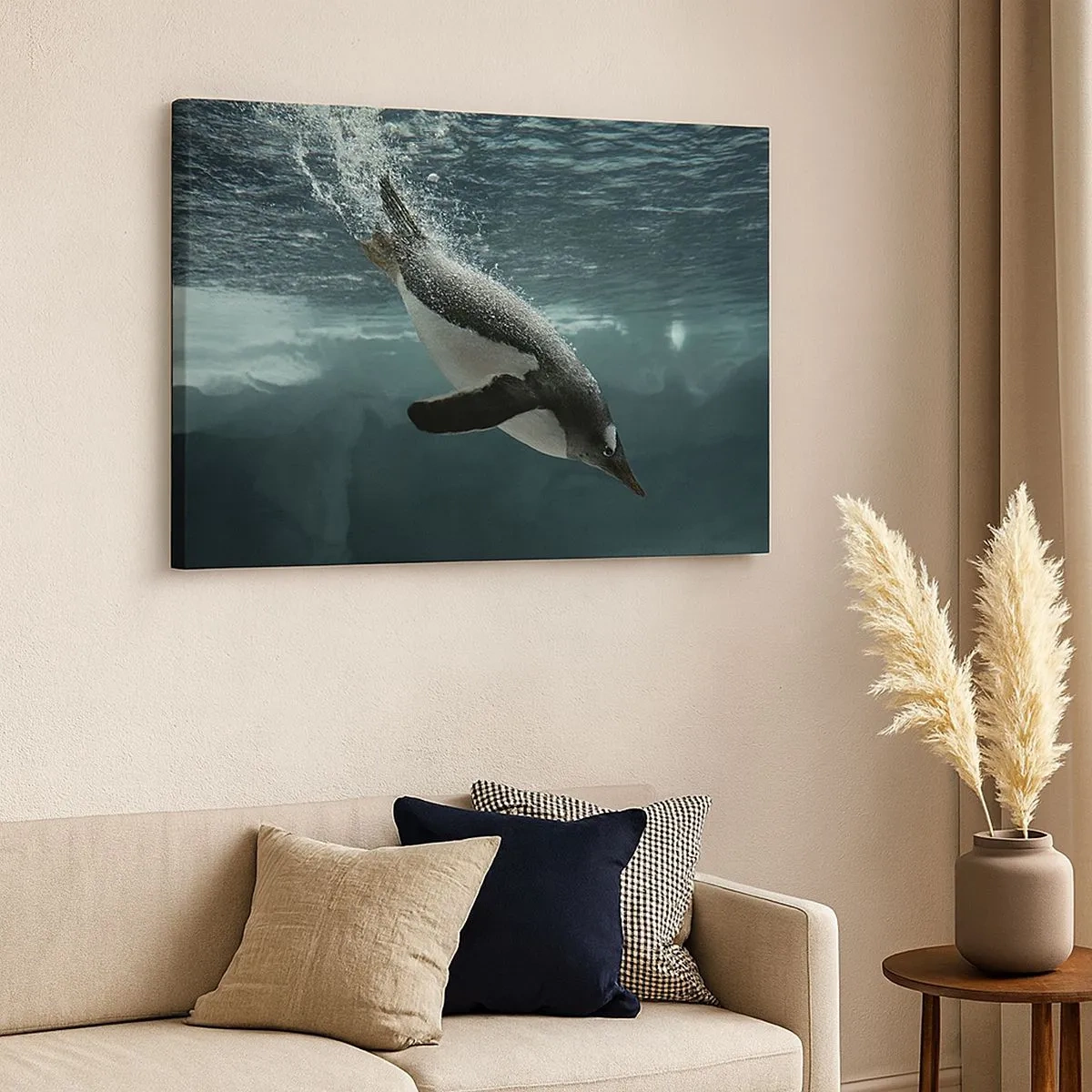 Tablou pe pânză Canvas - Un pinguin care se scufundă în adâncurile apei înghețate - 70x50cm - Bun venit în lumea mea - Decorațiune modernă pentru perete pentru living și dormitor ARTTOR