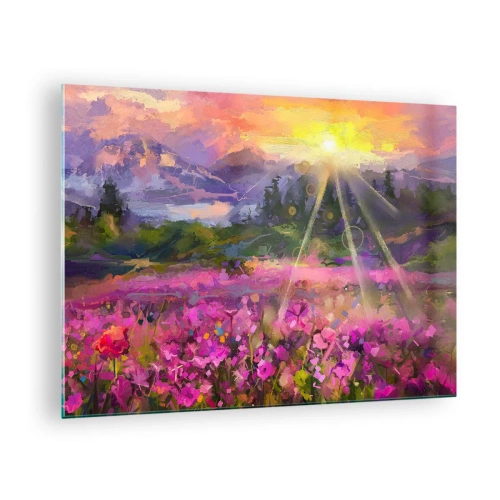 Tablou pe sticlă - O vale pitorească plină de flori, iluminată de razele soarelui - 70x50cm - Într-o vale sub protecția soarelui - Decorațiune modernă pentru perete pentru living și dormitor ARTTOR