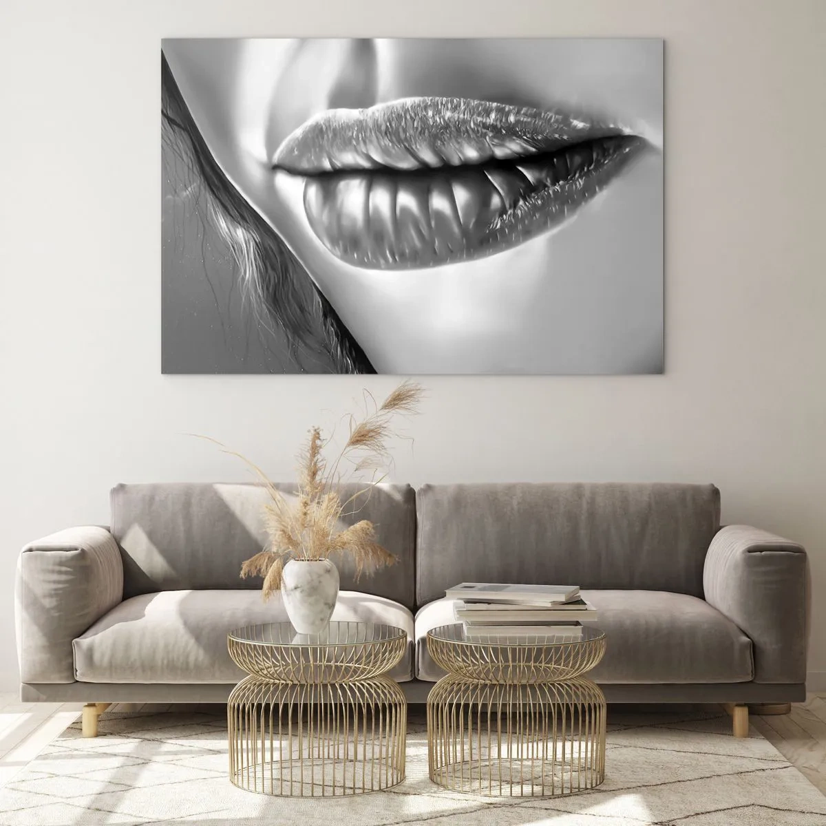 Tablou pe sticlă - Buze feminine senzuale în tonuri monocromatice - 70x50cm - Știu la ce te gândești... - Decorațiune modernă pentru perete pentru living și dormitor ARTTOR