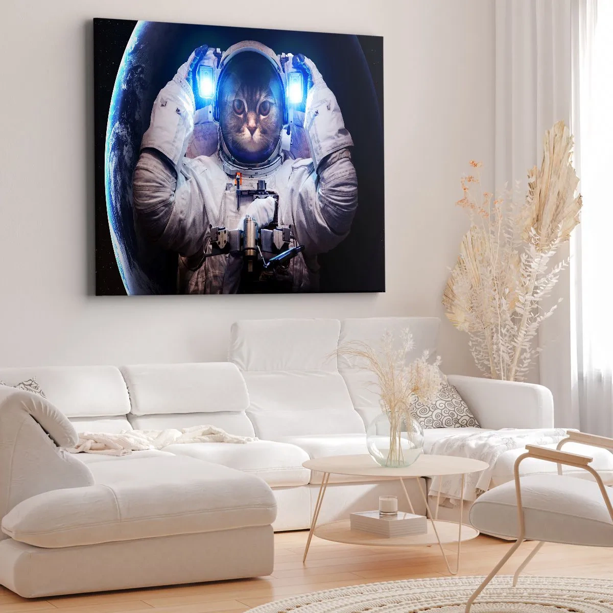 Tablou pe pânză Canvas - O pisică într-un costum de astronaut, cu Pământul în fundal și o lumină puternică. - 70x50cm - Houston, aveți o problemă - Decorațiune modernă pentru perete pentru living și dormitor ARTTOR