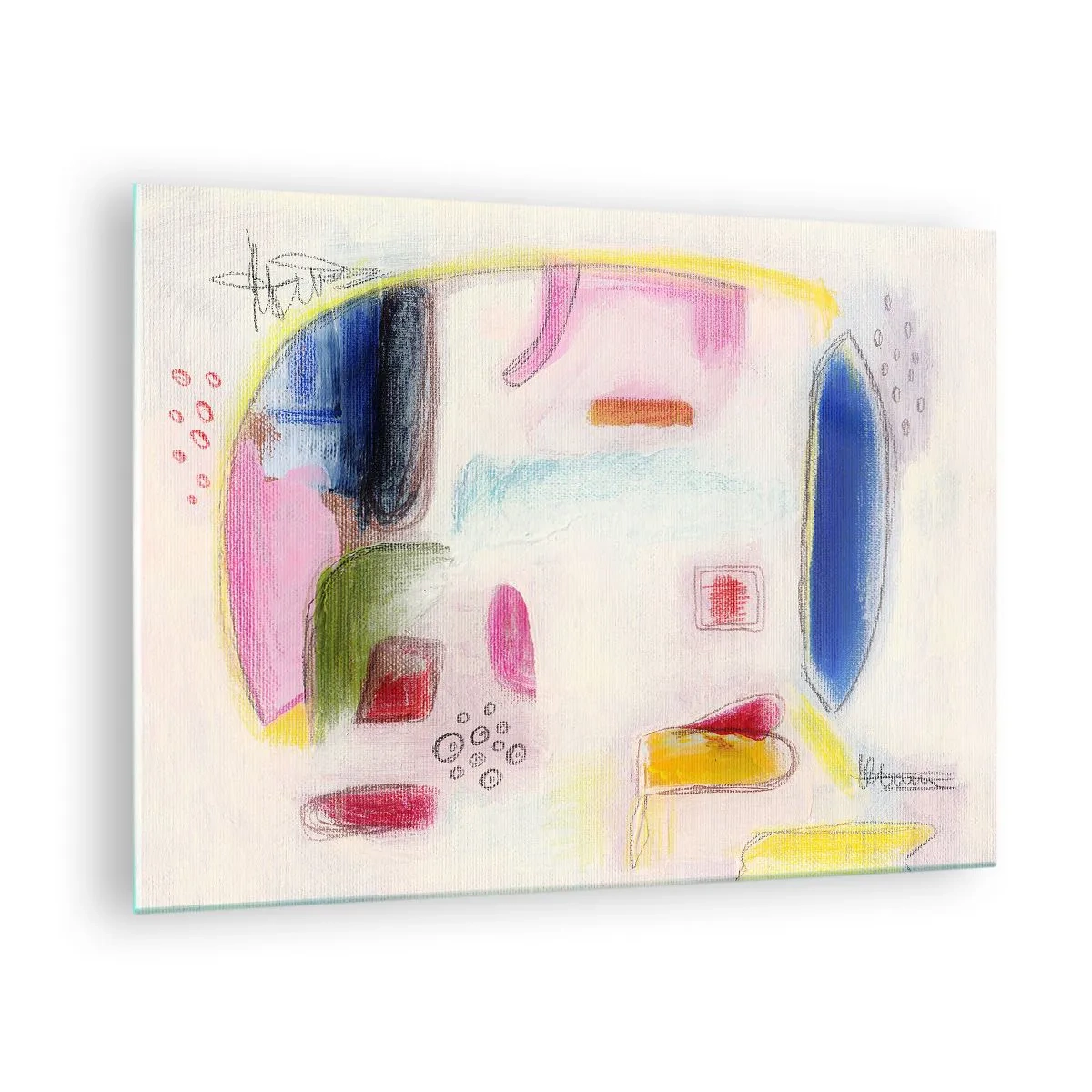 Tablou pe sticlă - Abstracție colorată cu forme geometrice și pasteluri - 70x50cm - Mai mult convexă decât concavă sau plată - Decorațiune modernă pentru perete pentru living și dormitor ARTTOR