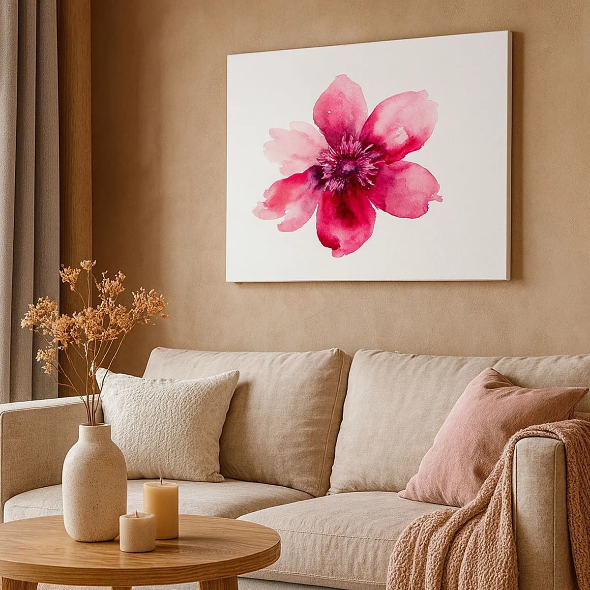 Tablou pe pânză Canvas - Floare roz în stil acuarelă pe fundal alb - 70x50cm - Sărut parfumat de carmin - Decorațiune modernă pentru perete pentru living și dormitor ARTTOR