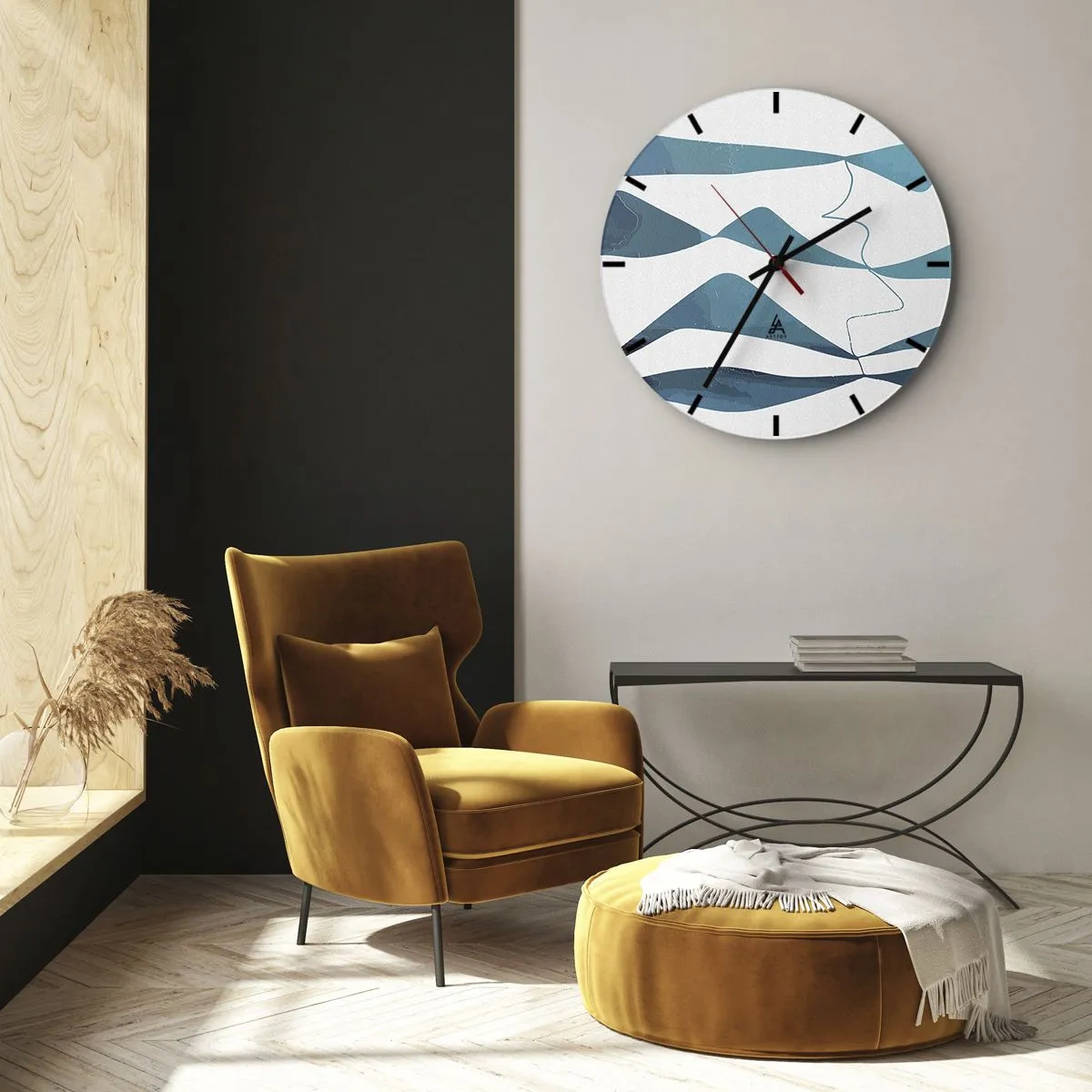 Ceas de perete - Ceas pe sticlă - Valuri și linii abstracte pe un fundal alb în nuanțe de turcoaz - 30x30cm - Abstracție: relație turcoaz - Decorațiune modernă pentru perete pentru living, bucătărie și dormitor ARTTOR