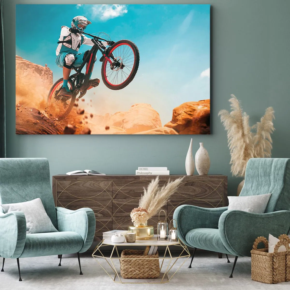 Tablou pe pânză Canvas - Un ciclist de munte execută o săritură pe un fundal de stânci - 70x50cm - Nebunia demonului bicicletei - Decorațiune modernă pentru perete pentru living și dormitor ARTTOR