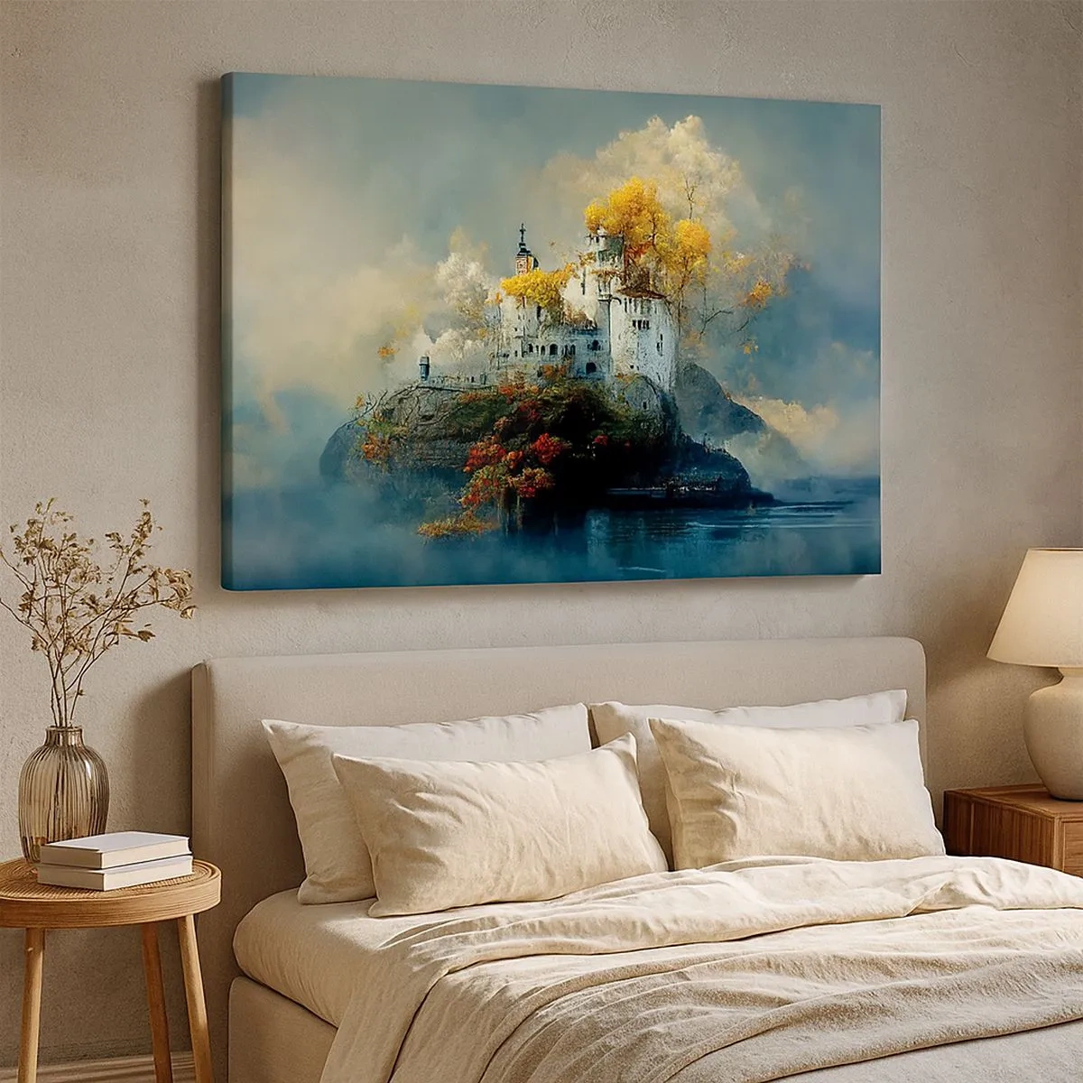 Tablou pe pânză Canvas - Un castel pe un deal înconjurat de copaci de toamnă - 70x50cm - Începutul unei povești romantice - Decorațiune modernă pentru perete pentru living și dormitor ARTTOR