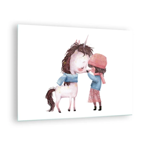 Tablou pe sticlă - O fată și un unicorn într-un peisaj de iarnă - 70x50cm - O poveste de iarnă - Decorațiune modernă pentru perete pentru living și dormitor ARTTOR