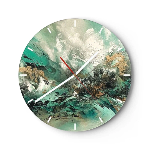 Ceas de perete - Ceas pe sticlă - Abstracție dinamică în verde, alb și auriu - 30x30cm - Fierbere negru-smarald - Decorațiune modernă pentru perete pentru living, bucătărie și dormitor ARTTOR