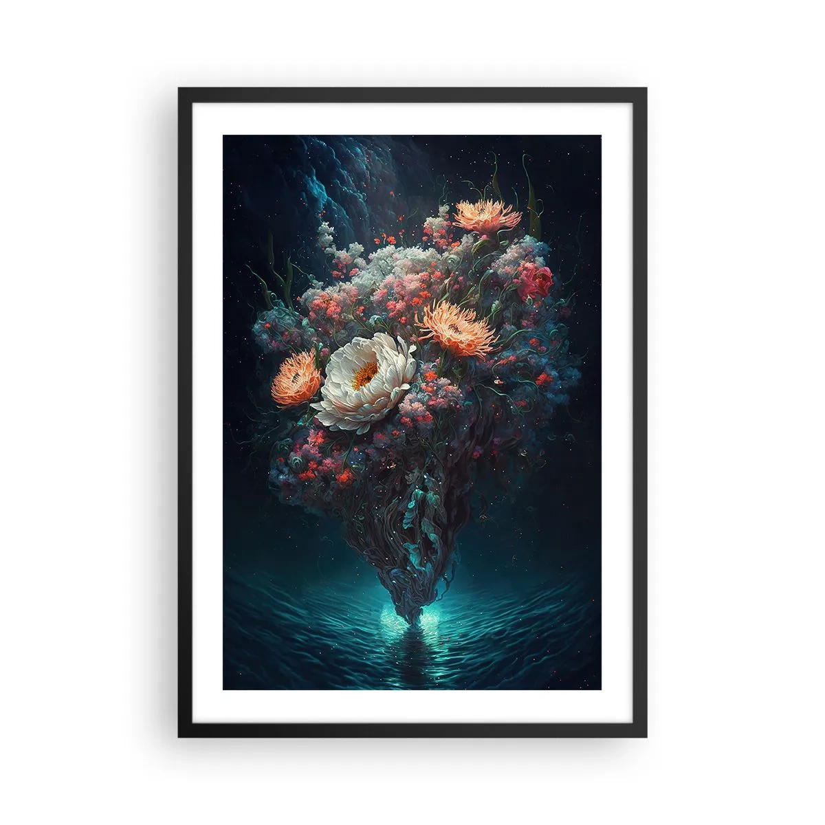 Poster în ramă neagră - Un aranjament magic de flori plutind deasupra apei - 50x70cm - Grădină ciudată - Decorațiune modernă pentru perete pentru living și dormitor ARTTOR
