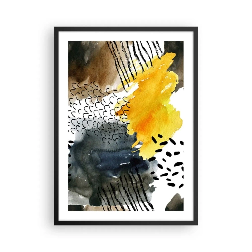Poster în ramă neagră - Compoziție abstractă în nuanțe de galben și negru - 50x70cm - O întâlnire a elementelor - Decorațiune modernă pentru perete pentru living și dormitor ARTTOR
