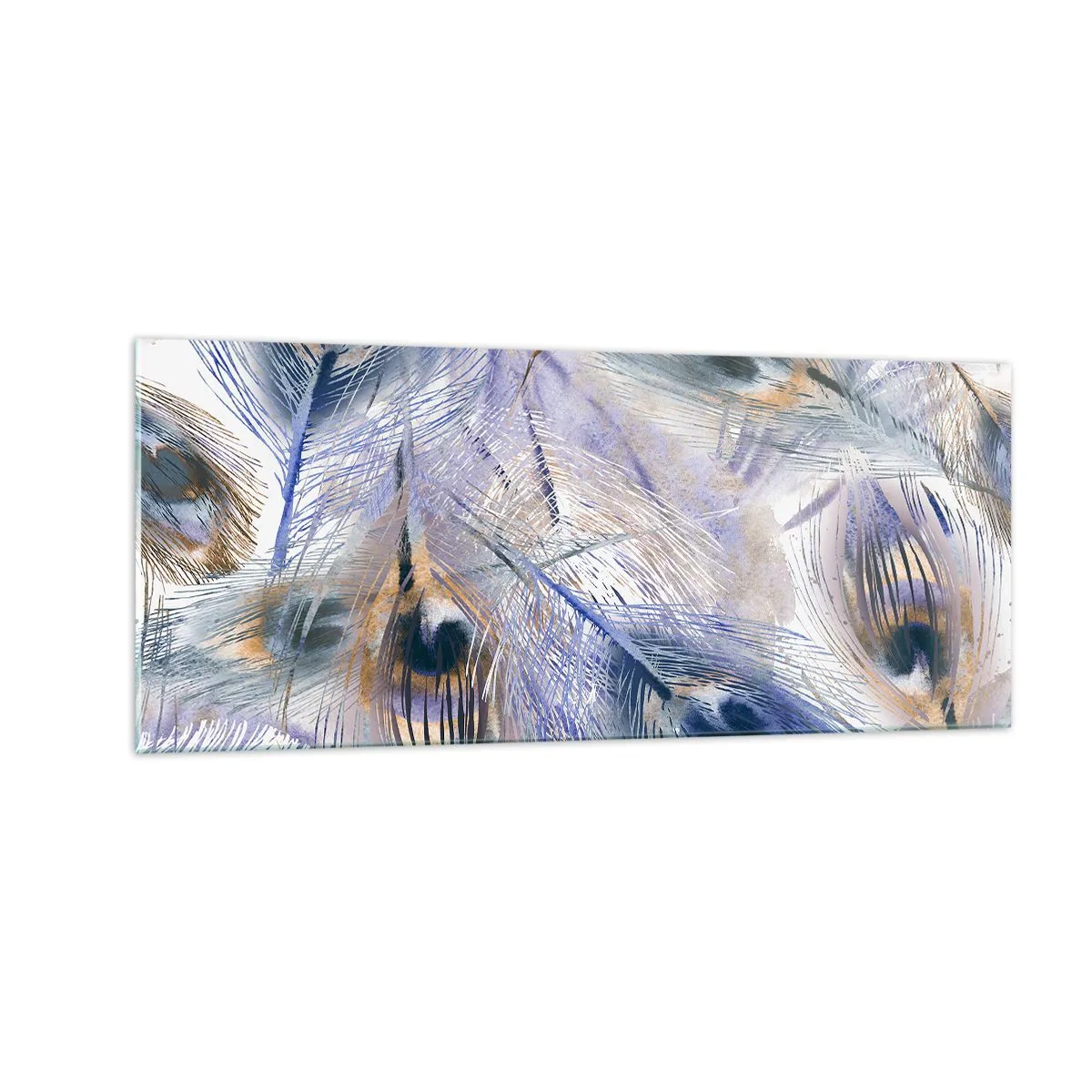 Tablou pe sticlă - Compoziția penelor de păun - 100x40 cm