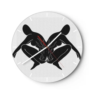Ceas de perete - Ceas pe sticlă - Figuri simetrice în negru formând o inimă cu foc în centru pe un fundal deschis. - 30x30cm - Suflet comun - Decorațiune modernă pentru perete pentru living, bucătărie și dormitor ARTTOR