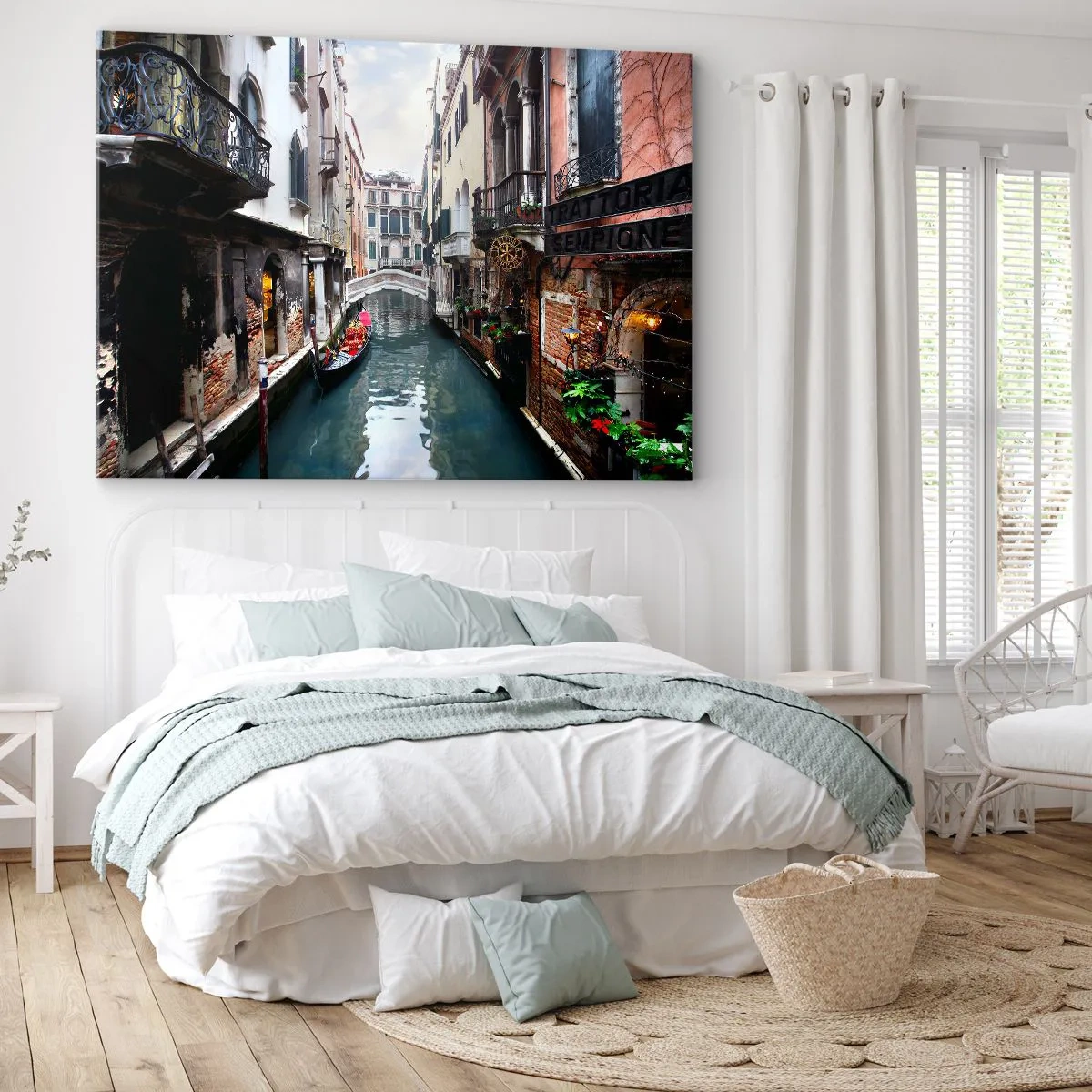 Tablou pe pânză - Peisaj venețian cu gondolă și pod - 100x70 cm