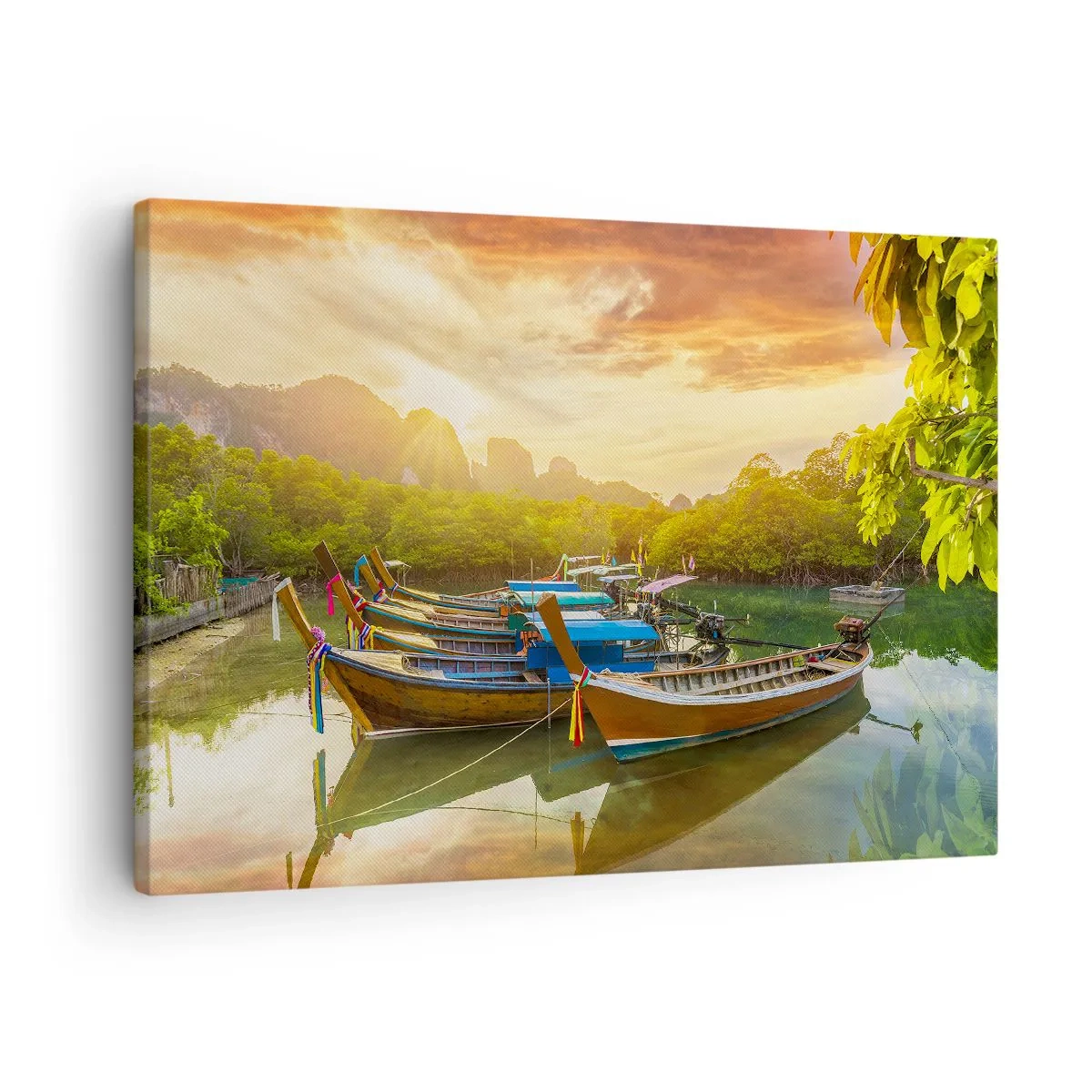 Tablou pe pânză Canvas - Bărci tradiționale pe ape calme la apus - 70x50cm - Înainte de o zi plină - Decorațiune modernă pentru perete pentru living și dormitor ARTTOR