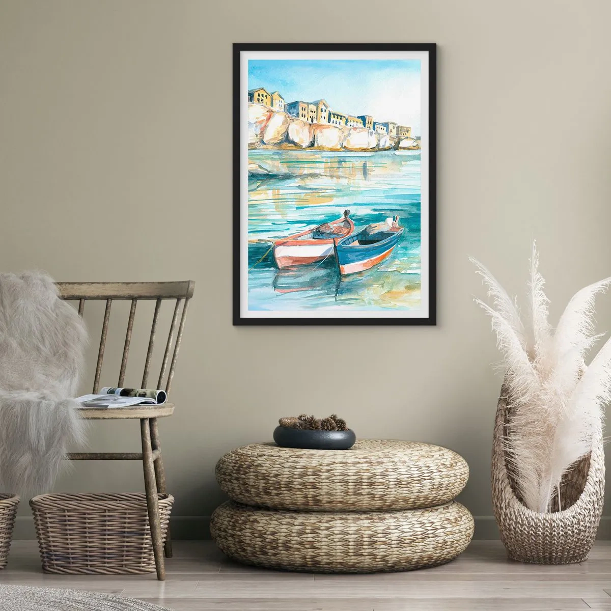 Poster în ramă neagră - Peisaj în acuarelă cu bărci pe apă și un oraș de coastă - 50x70cm - Peisaj în azur - Decorațiune modernă pentru perete pentru living și dormitor ARTTOR