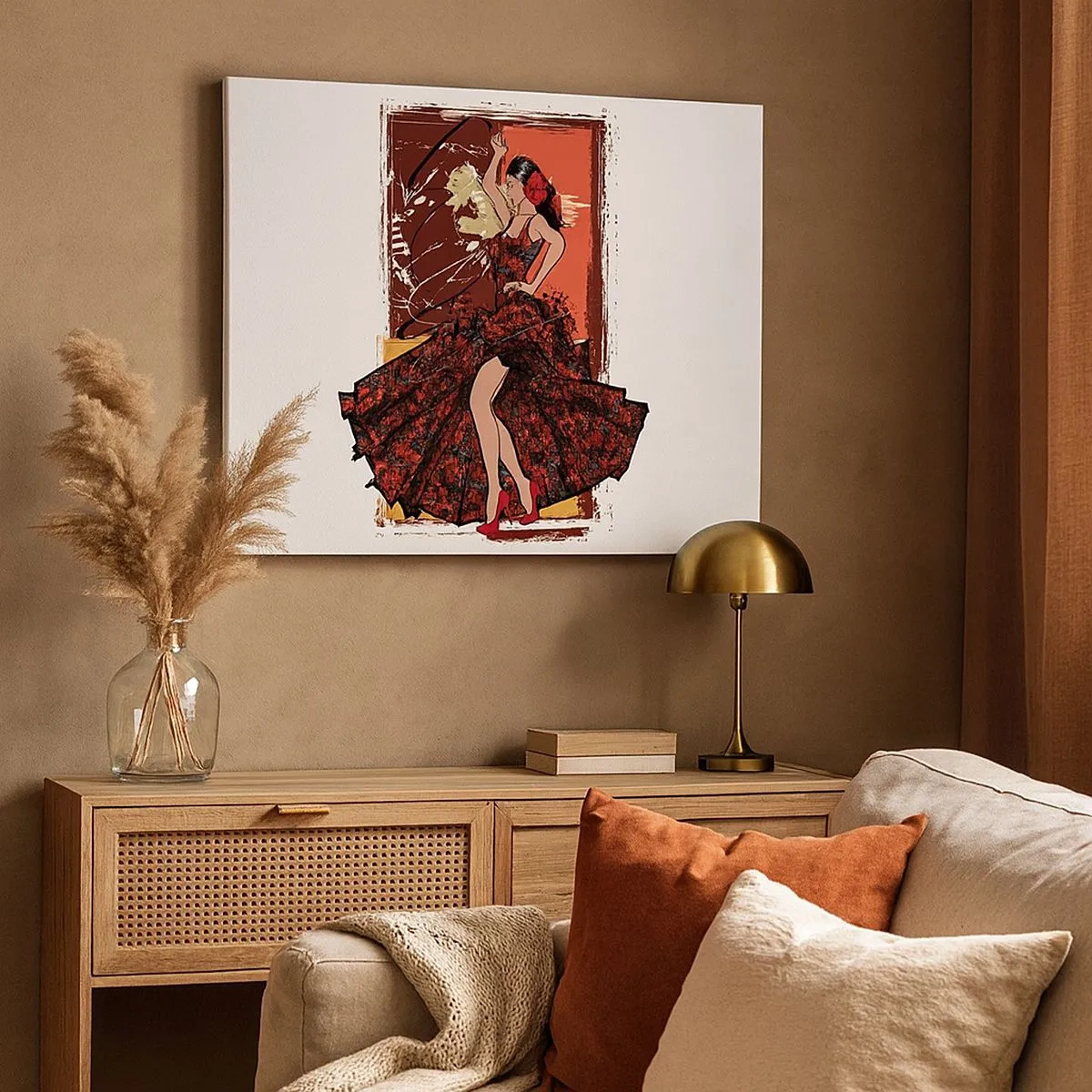 Tablou pe pânză Canvas - O dansatoare într-o rochie roșie și neagră pe un fundal artistic - 70x50cm - În ritmul inimii - Decorațiune modernă pentru perete pentru living și dormitor ARTTOR