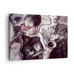 Tablou pe pânză Canvas - Scenă de jazz abstractă cu un saxofonist și o dansatoare. - 70x50cm - Se dizolvă în muzică - Decorațiune modernă pentru perete pentru living și dormitor ARTTOR