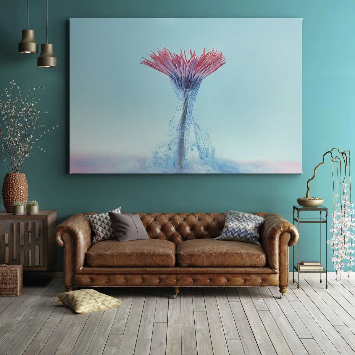Tablou pe pânză Canvas - O floare roz și albastră într-un aranjament artistic pe un fundal pastel - 70x50cm - Într-o unduire revigorantă - Decorațiune modernă pentru perete pentru living și dormitor ARTTOR