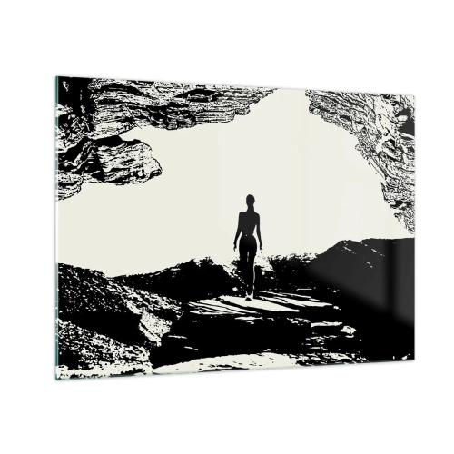 Tablou pe sticlă - Silueta unei femei care iese dintr-o peșteră în grafică alb-negru - 70x50cm - O nouă înfățișare - Decorațiune modernă pentru perete pentru living și dormitor ARTTOR