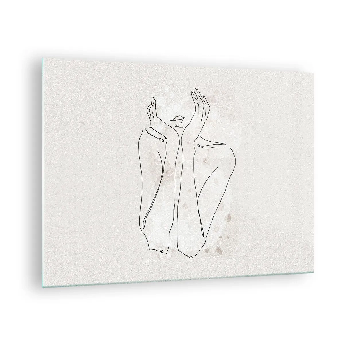 Tablou pe sticlă - O schiță minimalistă a mâinilor și buzelor unei femei pe un fundal bej. - 70x50cm - Un moment pentru vis - Decorațiune modernă pentru perete pentru living și dormitor ARTTOR